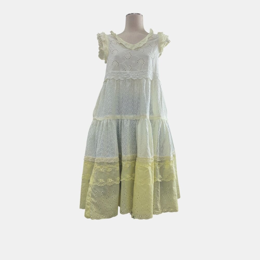 Pale yellow Upcycled shabby chic eyelet Boho Prairie dress with 3 tiers, size M - Picture 8 of 8